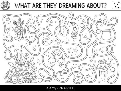 Mothers day black and white maze for children. Holiday preschool printable educational activity. Funny family love line game with sleeping bears. Moth Stock Vector