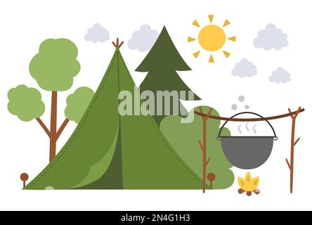 Summer camp scene with green tent, fire, forest. Vector campfire illustration with boiler. Active holidays or local tourism landscape design for postc Stock Vector