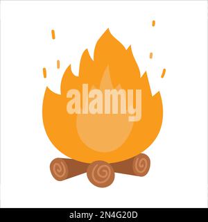Cute fire on the logs. Vector campfire illustration isolated on white background. Autumn or Summer season bonfire icon for print, sticker, postcard. Stock Vector