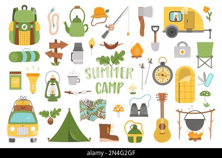 Vector summer camp set. Camping, hiking, fishing equipment collection. Outdoor nature tourism icons pack with backpack, van, rod, clothes, fire place, Stock Vector