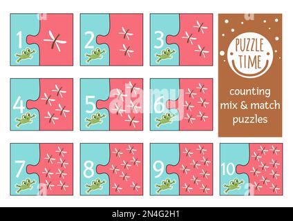 Vector mix and match puzzle with frog catching dragonflies. Matching math activity for preschool children. Educational printable counting game for kid Stock Vector