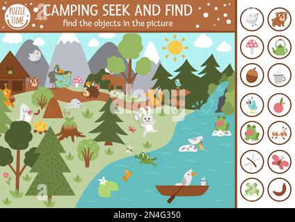 Vector camping searching game with cute animals in the forest. Spot hidden objects in the picture. Simple seek and find summer camp or woodland educat Stock Vector