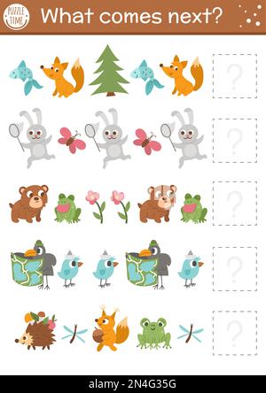 What comes next. Forest matching activity for preschool children with cute woodland animals. Funny educational puzzle. Logical worksheet. Continue the Stock Vector