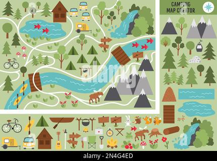 Camping map creator. Set of flat cartoon elements for constructing summer camp activity. Vector nature clip art with mountains, waterfall, trees, fore Stock Vector