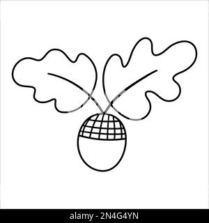 Vector black and white acorn with oak leaves. Outline style autumn woodland icon. Funny fall or forest greenery line illustration isolated on white ba Stock Vector