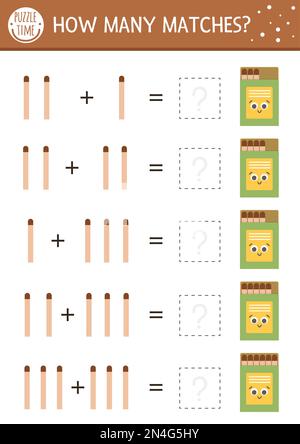 How many matches game with cute match in the box. Summer math addition activity for preschool children. Printable simple counting worksheet for kids w Stock Vector