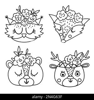 Set of vector cute wild animal black and white faces with flowers on their heads. Boho forest avatars collection. Funny line illustration of owl, bear Stock Vector