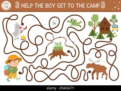 Summer camp maze for children. Active holidays preschool printable activity. Family nature trip labyrinth game or puzzle with cute hiking kid and fore Stock Vector