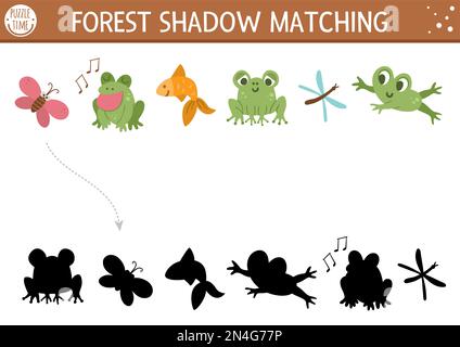 Forest or camping shadow matching activity with cute animals. Family nature trip puzzle with frogs, fish, butterfly, dragonfly. Find the correct silho Stock Vector