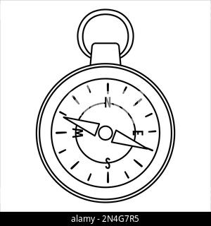 Vector black and white compass icon isolated on white background. Camping or hiking equipment outline illustration for kids. Line art orienteering dev Stock Vector