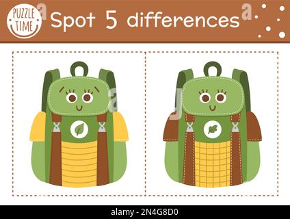 Find differences game for children. Summer camp educational activity with funny smiling kawaii backpack. Printable worksheet with cute camping equipme Stock Vector