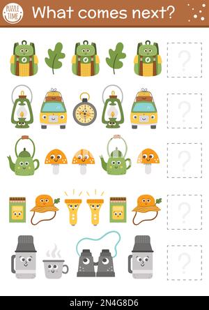What comes next. Summer camp matching activity for preschool children with smiling kawaii camping equipment. Funny educational puzzle. Logical workshe Stock Vector