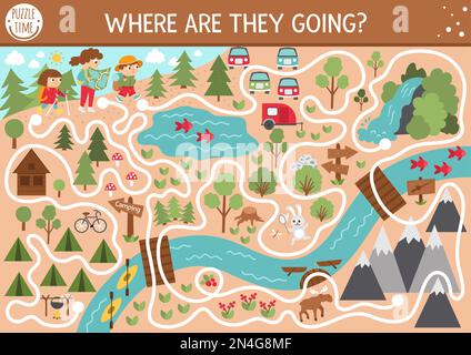 Summer camp maze for children. Active holidays preschool printable activity. Family nature trip labyrinth game or puzzle with cute hiking kids, campin Stock Vector