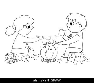 Vector black and white boy and girl sitting by the fire and frying sausage and marshmallow. Campfire outline activity scene with kids. Summer camp tra Stock Vector