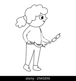 Cute black and white girl walking with marshmallow and sausage. Kid doing summer activity. Vector summer camp outline illustration. Camping character. Stock Vector