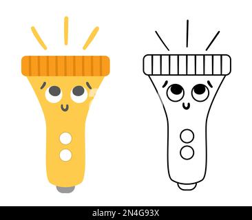 Vector kawaii flashlight colored and black and white illustration. Lighting equipment icon for kids. Smiling portable lamp with eyes for children. Cut Stock Vector