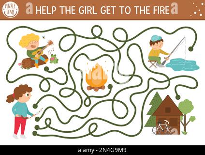 Summer camp maze for children. Active holidays preschool printable activity. Family nature trip labyrinth game or puzzle with cute kids with guitar, r Stock Vector