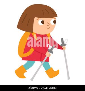 Vector cute girl with backpack and walking sticks. Trekking traveler isolated on white background. Outdoor tourist icon. Cute kid doing summer camp ac Stock Vector
