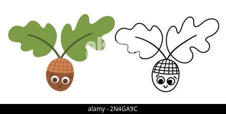 Vector kawaii acorn with oak leaves colored and black and white illustration. Flat and line style autumn icon. Funny fall or forest greenery isolated Stock Vector