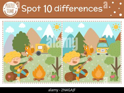 Find differences game for children. Summer camp educational activity with kid playing the guitar. Printable worksheet with cute camping or forest scen Stock Vector