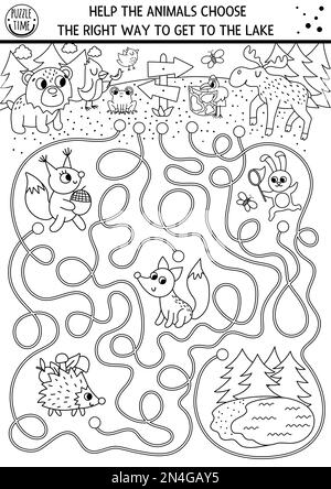 Black and white summer camp maze for children. Active holidays outline preschool printable activity. Family nature trip labyrinth or coloring page wit Stock Vector