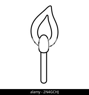 Vector black and white glowing match icon isolated on white background. Burning outline stick illustration. Lit matchstick in fire. Stock Vector