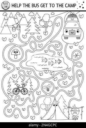 Black and white summer camp maze for children. Active holidays preschool outline printable activity. Family road trip labyrinth game or coloring page Stock Vector