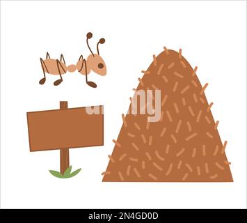 Vector anthill icon. Ant house illustration isolated on white background. Ant insect, wooden sign board flat picture. Stock Vector
