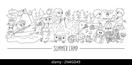 Vector black and white horizontal set with cute comic forest animals and children doing summer camp activities. Card template with woodland characters Stock Vector