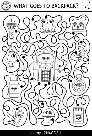 Black and white summer camp maze for children. Active holidays outline preschool printable activity. Family road trip labyrinth or coloring page with Stock Vector