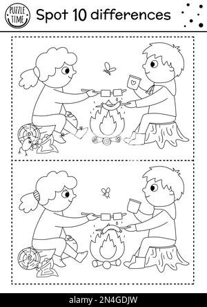 Camping find differences game for children. Black and white educational activity and coloring page with children sitting in front of the fire. Summer Stock Vector
