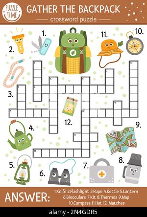 Vector camping crossword puzzle for kids. Simple Summer camp quiz with forest equipment for children. Educational activity with compass, thermos, bag. Stock Vector