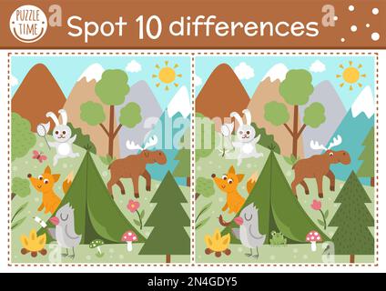 Find differences game for children. Woodland educational activity with funny camping scene. Printable worksheet with cute animals in the wild. Summer Stock Vector
