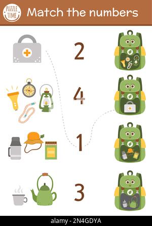 Match the numbers game with kawaii backpack and camping equipment. Summer camp math activity for preschool children with lantern, compass, rope. Print Stock Vector
