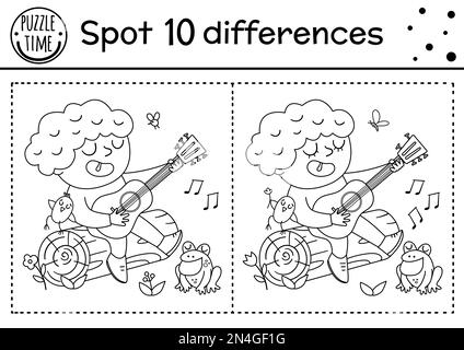 Camping find differences game for children. Black and white educational activity and coloring page with boy sitting on a log and playing guitar. Summe Stock Vector