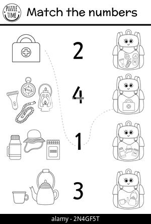 Match the numbers black and white game with kawaii backpack and camping equipment. Summer camp math outline activity with lantern, compass. Printable Stock Vector