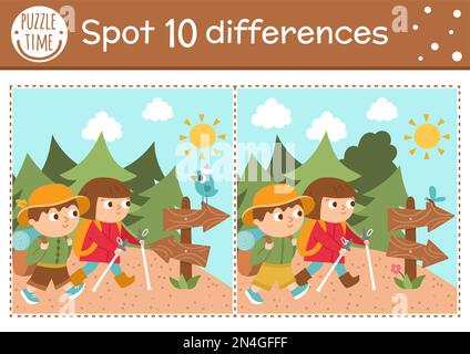 Find differences game for children. Summer camp educational activity with hiking kids, road sign, forest, bird. Printable worksheet with cute camping Stock Vector