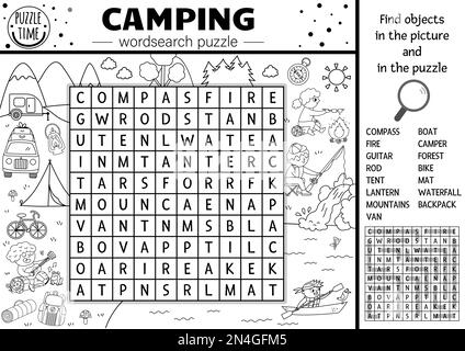 Vector black and white camping wordsearch puzzle. Simple forest summer camp outline crossword or coloring page. Educational keyword activity with kids Stock Vector