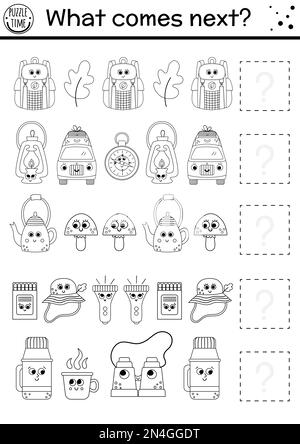 What comes next. Summer camp black and white matching activity with kawaii camping equipment. Funny outline puzzle. Logical worksheet. Continue the ro Stock Vector