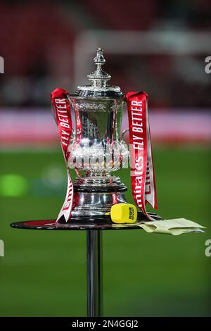 The FA Cup Trophy on Show ahead of the Emirates FA Cup fourth round replay match Sunderland vs Fulham at Stadium Of Light, Sunderland, United Kingdom, 8th February 2023 (Photo by Mark Cosgrove/News Images) in, on 2/8/2023. (Photo by Mark Cosgrove/News Images/Sipa USA) Credit: Sipa USA/Alamy Live News Stock Photo