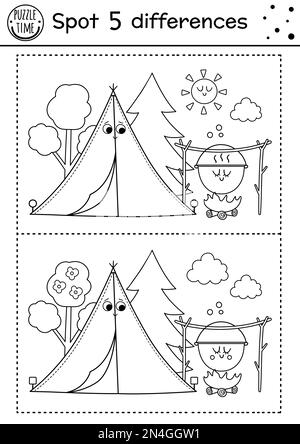 Camping find differences game for children. Black and white activity and coloring page with cute smiling kawaii tent, sun, boiler. Summer camp or road Stock Vector