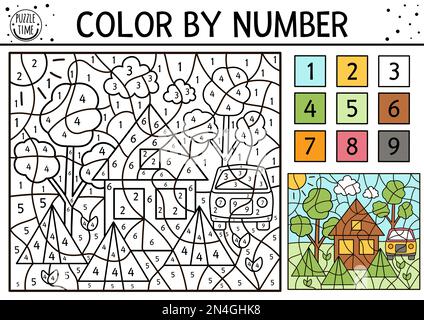 Vector camping color by number activity with trees, van, country house, tents. Summer road trip coloring and counting game. Funny coloration page for Stock Vector