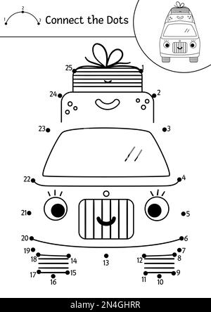 Vector camping dot-to-dot and color activity with cute kawaii tourist van with suitcases. Summer camp connect the dots game for children with car. Fun Stock Vector