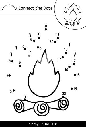 Vector camping dot-to-dot and color activity with cute fire on logs. Summer camp connect the dots game for children. Funny adorable road trip coloring Stock Vector