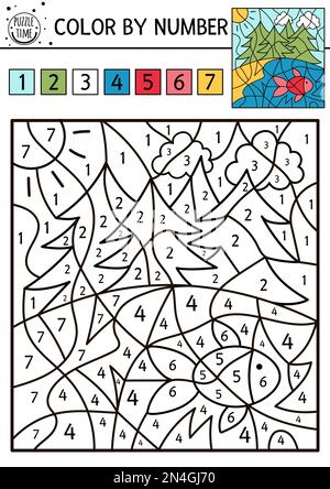 Vector forest color by number activity with fir trees, river, sun and bird red fish. Summer road trip coloring and counting game. Funny coloration pag Stock Vector