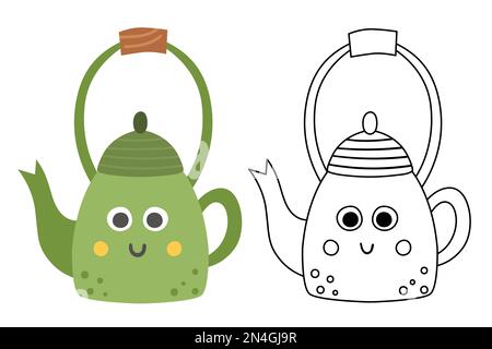 Vector teapot colored and black and white illustration. Kawaii tea pot icon. Smiling kettle with eyes and mouth isolated on white background. Flat and Stock Vector