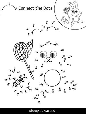 Vector forest dot-to-dot and color activity with cute hare catching butterfly with a net. Summer connect the dots game for children with rabbit. Funny Stock Vector