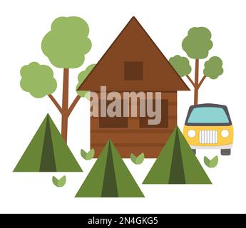 Summer camp scene with house, green tent, van, forest. Vector campfire illustration. Active holidays or local tourism woodland landscape design for po Stock Vector