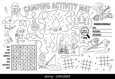 Vector camping placemat. Summer camp holidays printable activity mat with maze, tic tac toe charts, connect the dots, wordsearch. Black and white play Stock Vector
