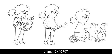 Black and white girl doing summer activities. Cute outline kid walking with map and sitting in front of the fire with marshmallow and sausage. Vector Stock Vector